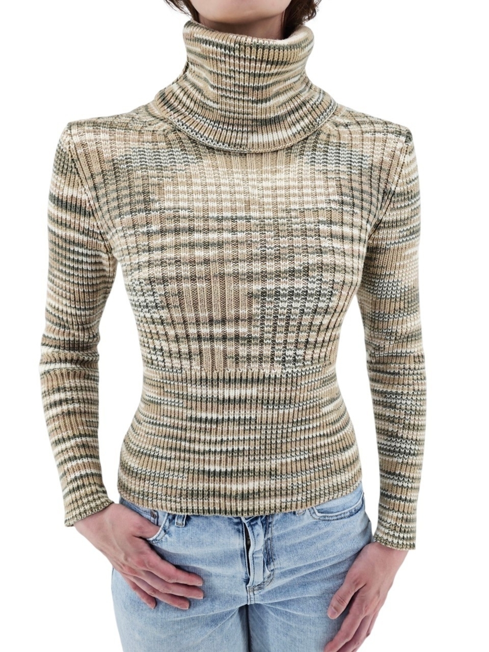 Vintage GAP Marled Knit Turtleneck Sweater Brown Beige Stretch Ribbed Y2K Medium